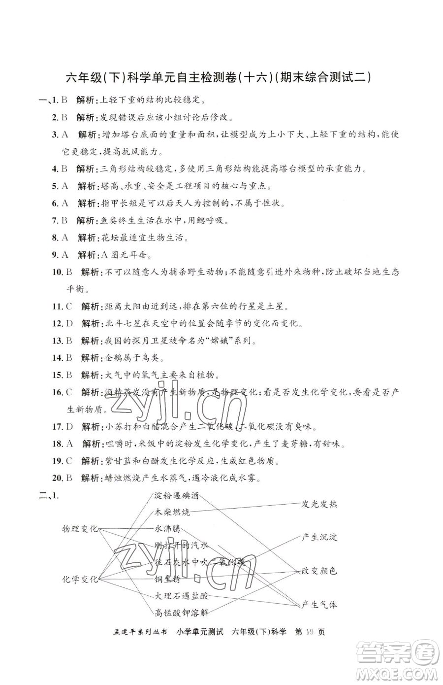 浙江工商大學出版社2023孟建平小學單元測試六年級下冊科學教科版參考答案