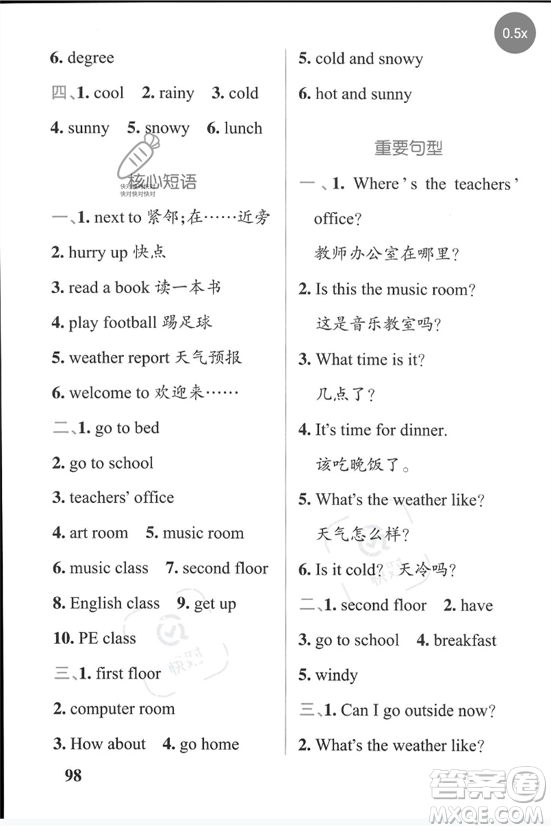 陜西師范大學(xué)出版總社2023小學(xué)學(xué)霸天天默寫四年級英語下冊人教版參考答案