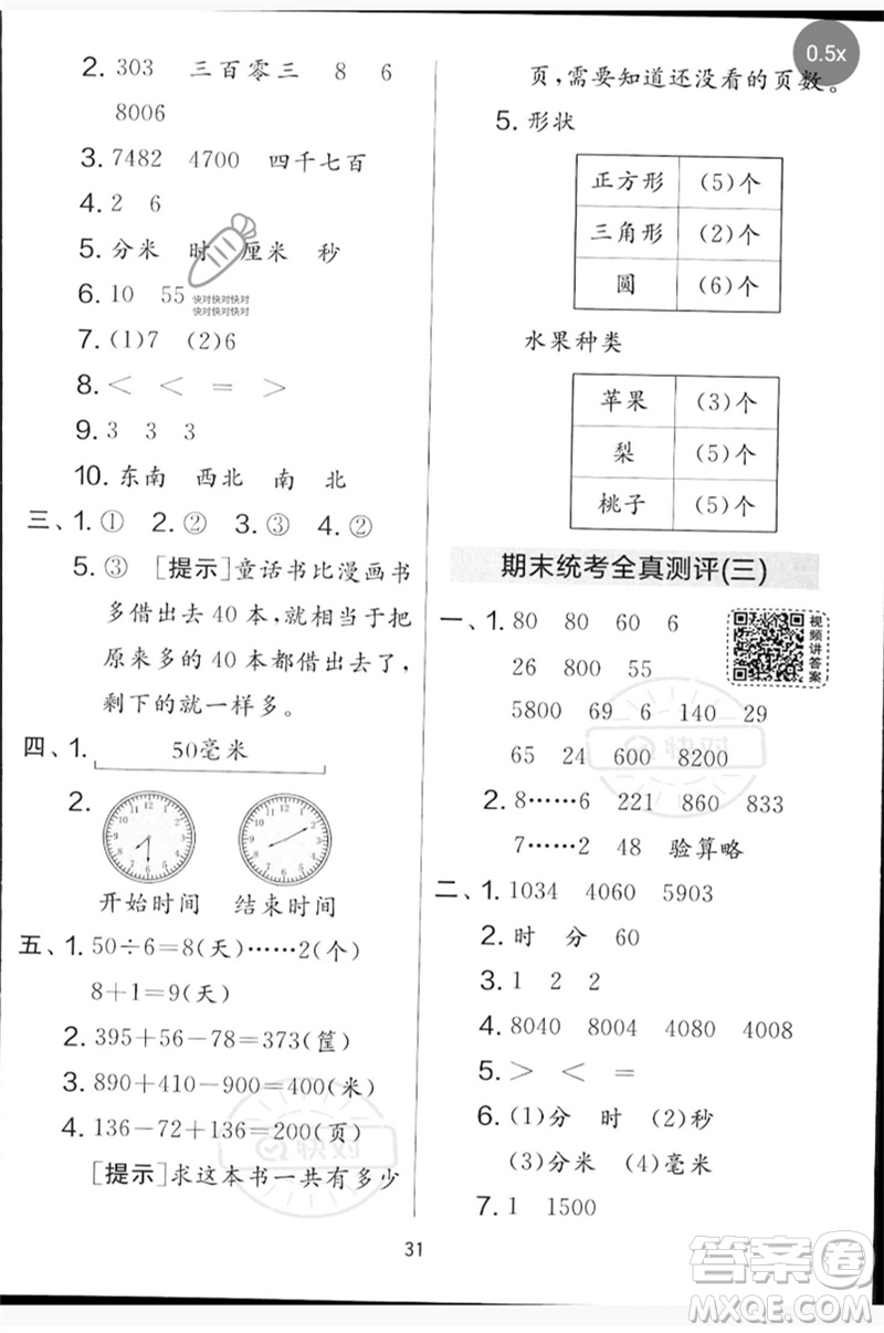 吉林教育出版社2023春實驗班提優(yōu)大考卷二年級數(shù)學(xué)下冊蘇教版參考答案