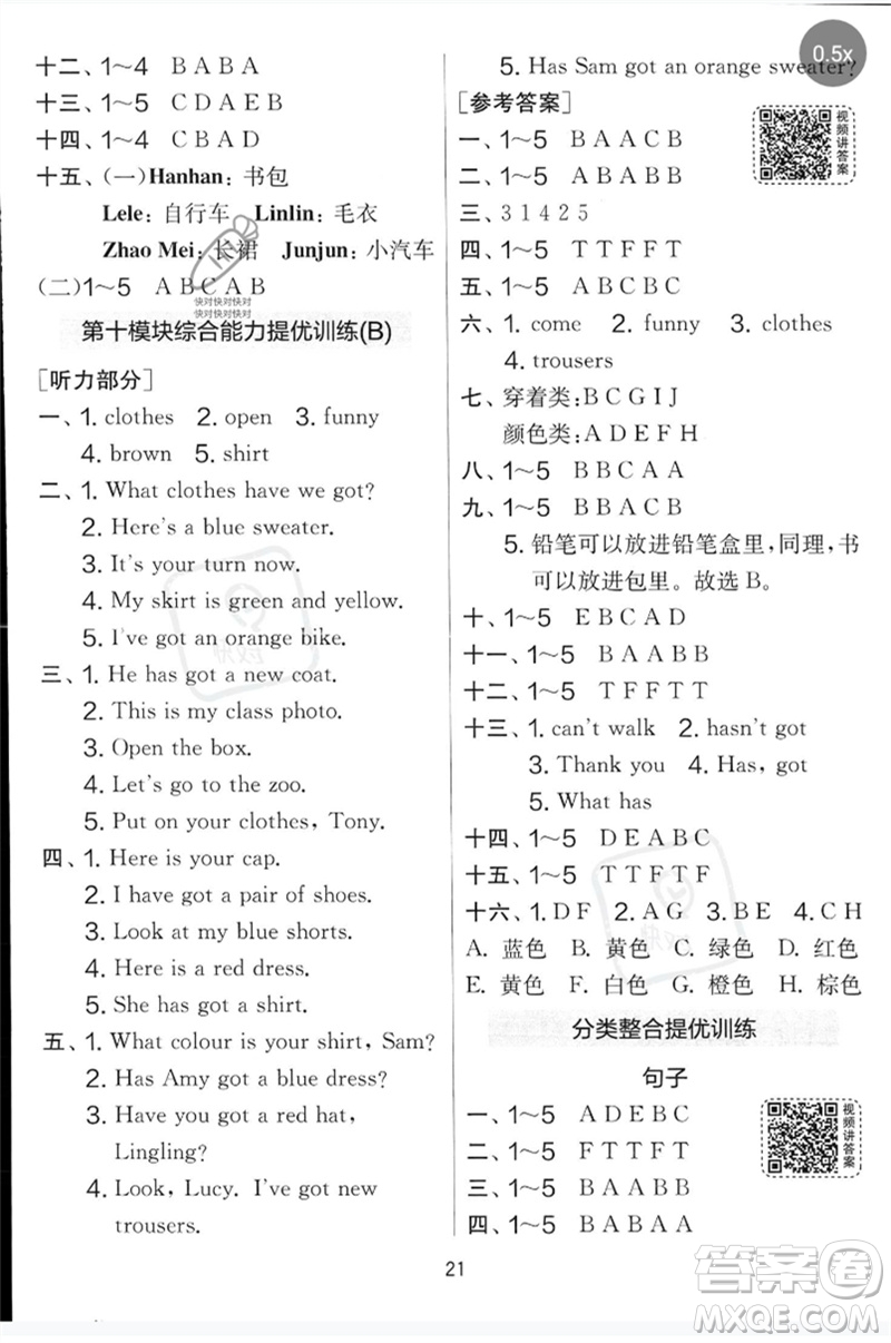 江蘇人民出版社2023春實(shí)驗(yàn)班提優(yōu)大考卷三年級英語下冊三起點(diǎn)外研版參考答案