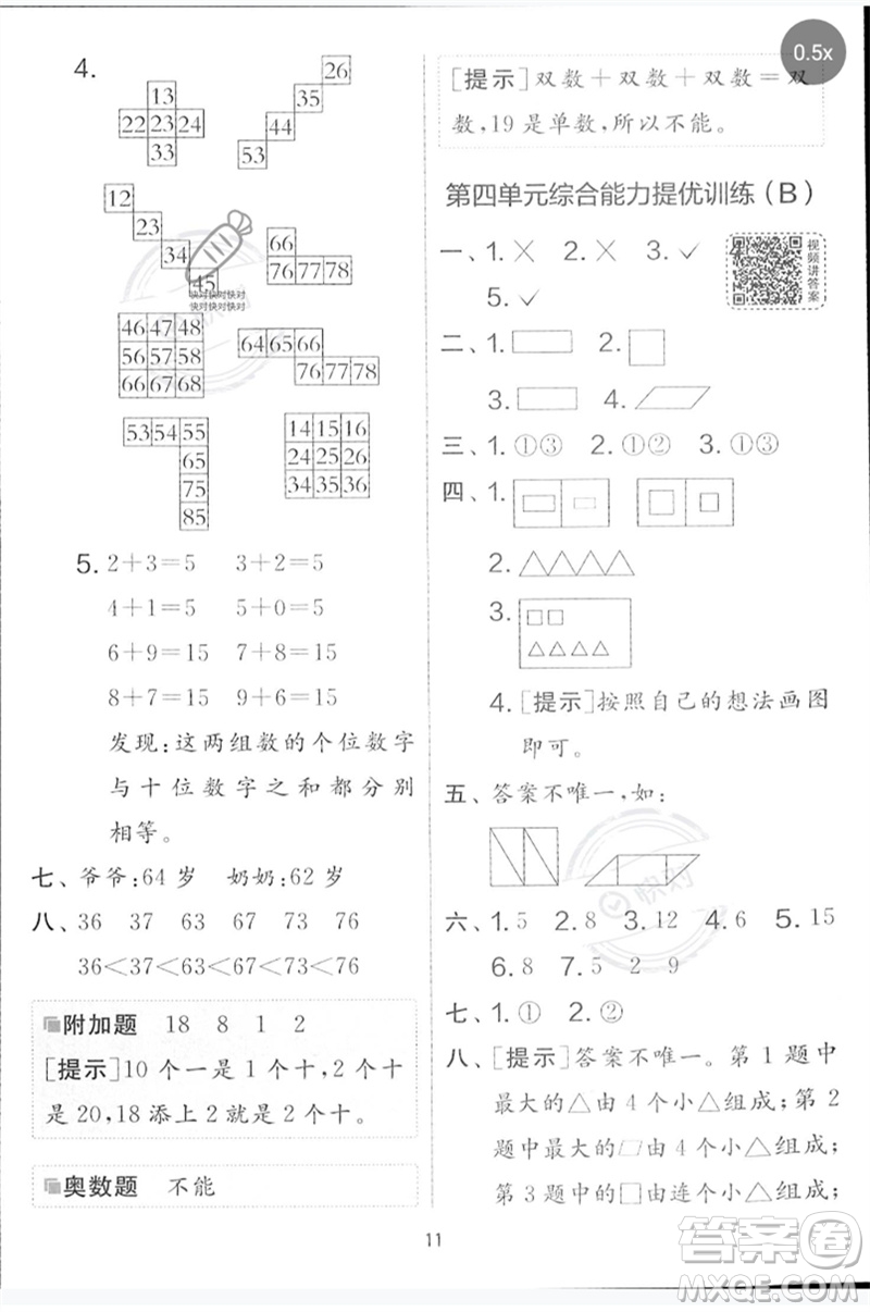 江蘇人民出版社2023春實驗班提優(yōu)大考卷一年級數(shù)學(xué)下冊北師大版參考答案