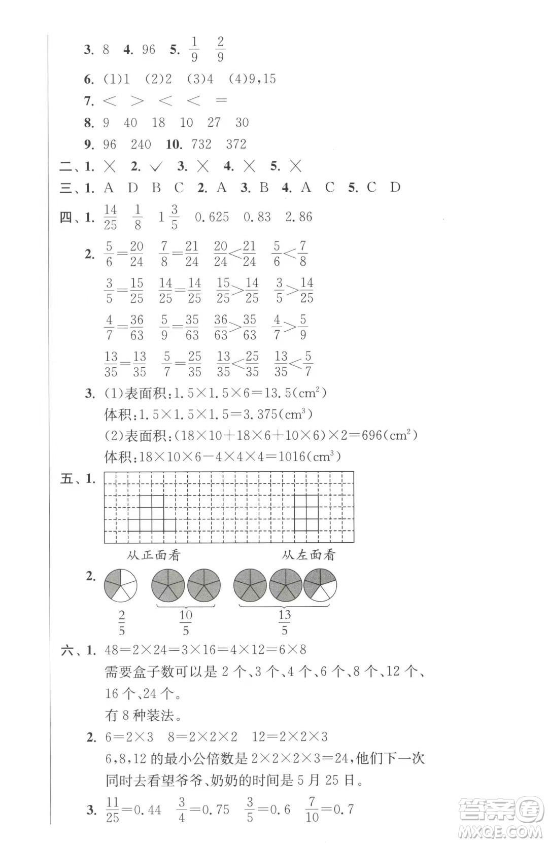 江蘇人民出版社2023春季1課3練單元達(dá)標(biāo)測(cè)試五年級(jí)下冊(cè)數(shù)學(xué)人教版參考答案