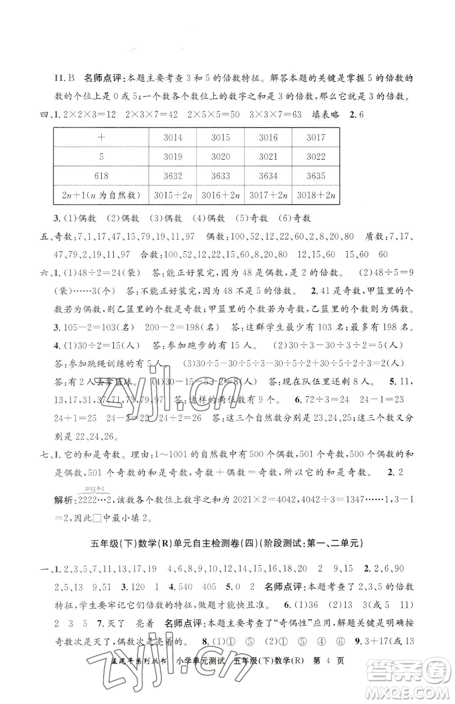 浙江工商大學(xué)出版社2023孟建平小學(xué)單元測(cè)試五年級(jí)下冊(cè)數(shù)學(xué)人教版參考答案