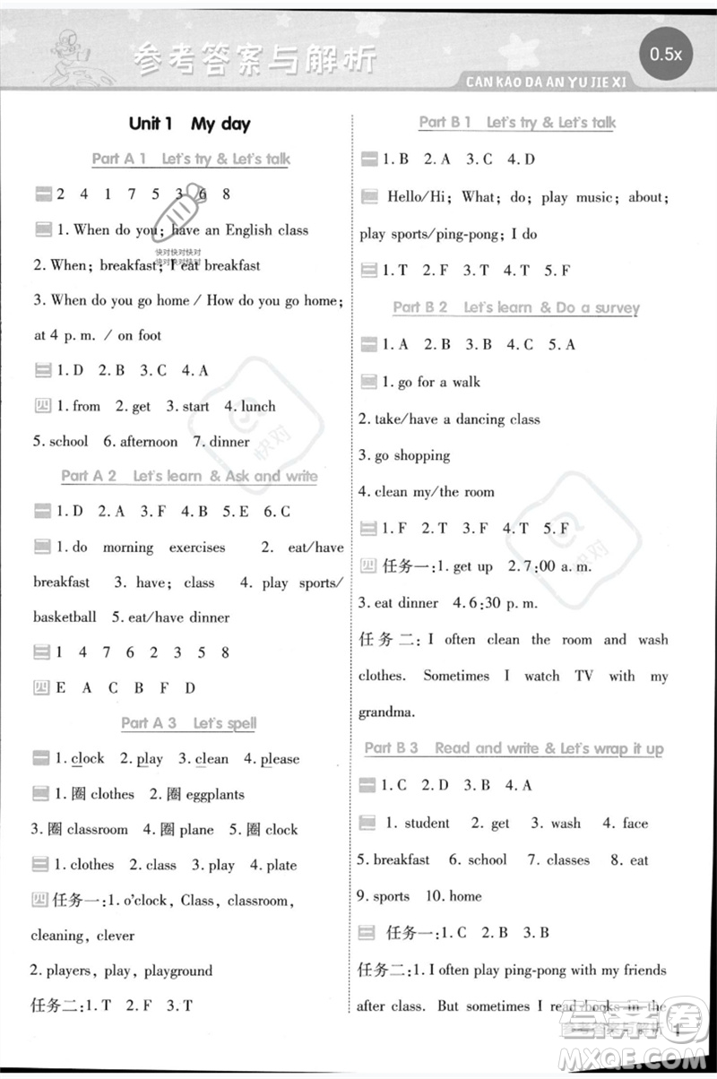 南京師范大學(xué)出版社2023一遍過五年級(jí)英語下冊(cè)三起點(diǎn)人教PEP版參考答案