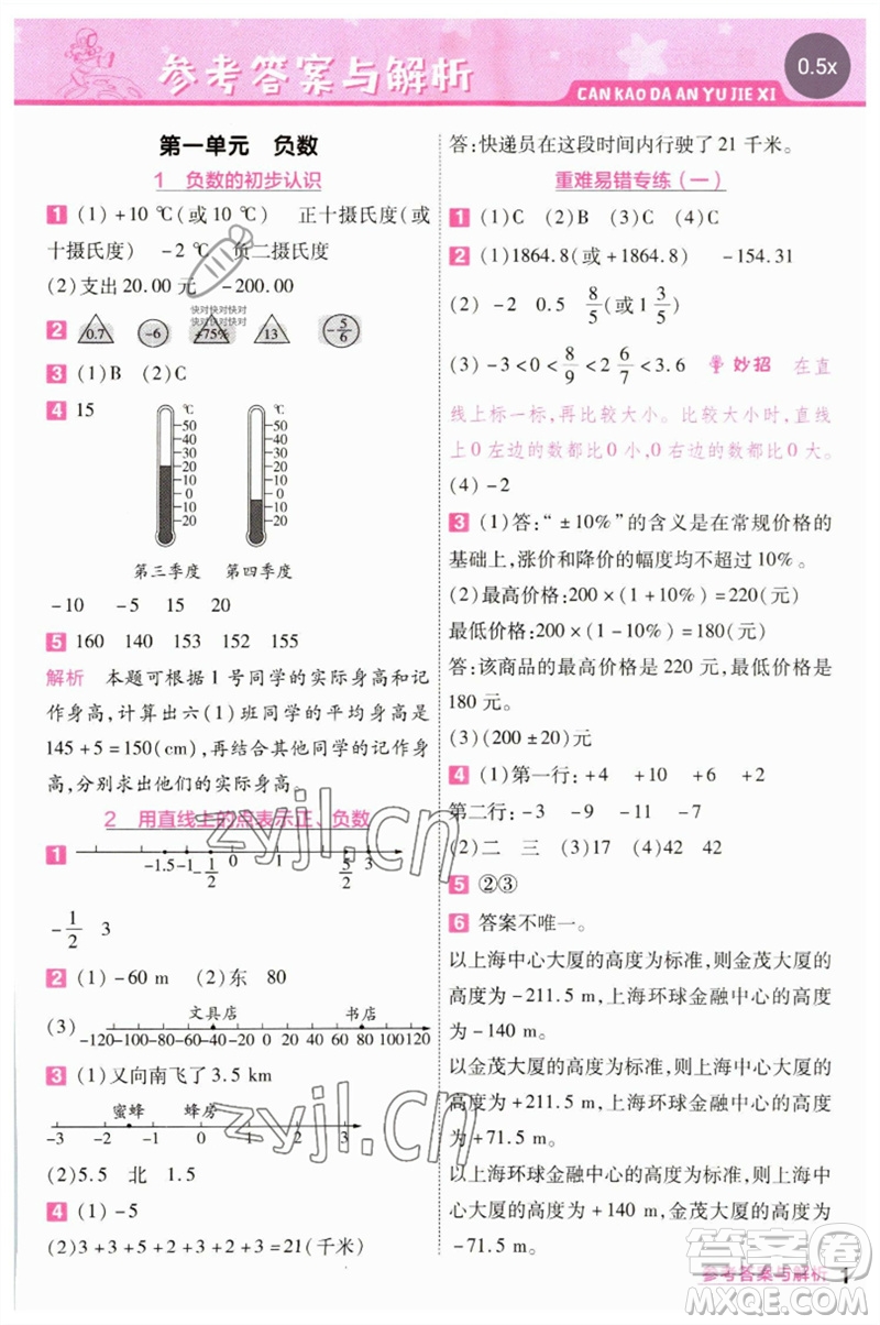 南京師范大學出版社2023一遍過六年級數(shù)學下冊人教版參考答案