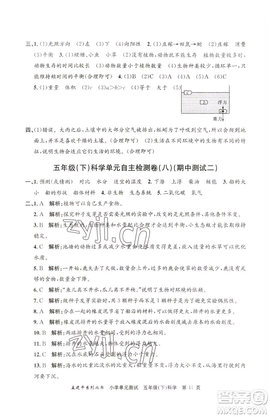 浙江工商大學(xué)出版社2023孟建平小學(xué)單元測試五年級下冊科學(xué)教科版參考答案