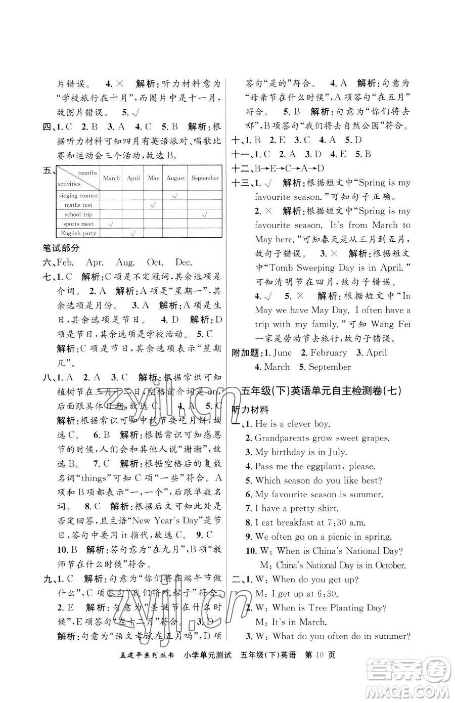 浙江工商大學(xué)出版社2023孟建平小學(xué)單元測試五年級下冊英語人教版參考答案