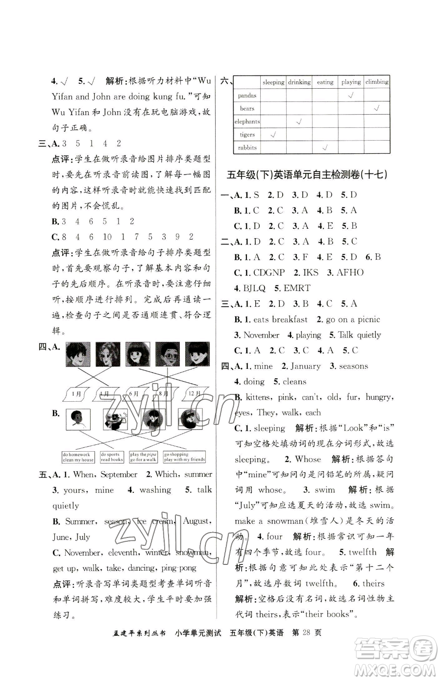 浙江工商大學(xué)出版社2023孟建平小學(xué)單元測試五年級下冊英語人教版參考答案