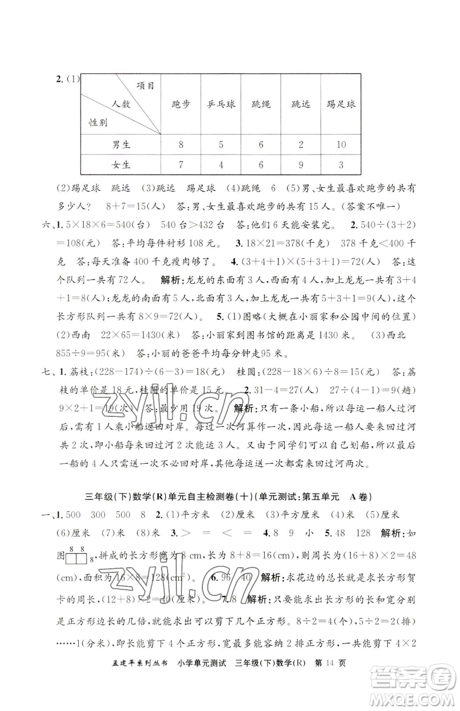 浙江工商大學(xué)出版社2023孟建平小學(xué)單元測試三年級下冊數(shù)學(xué)人教版參考答案