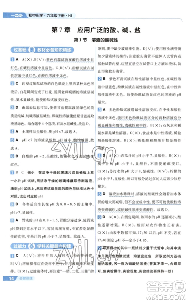 南京師范大學(xué)出版社2023一遍過九年級化學(xué)下冊滬教版參考答案