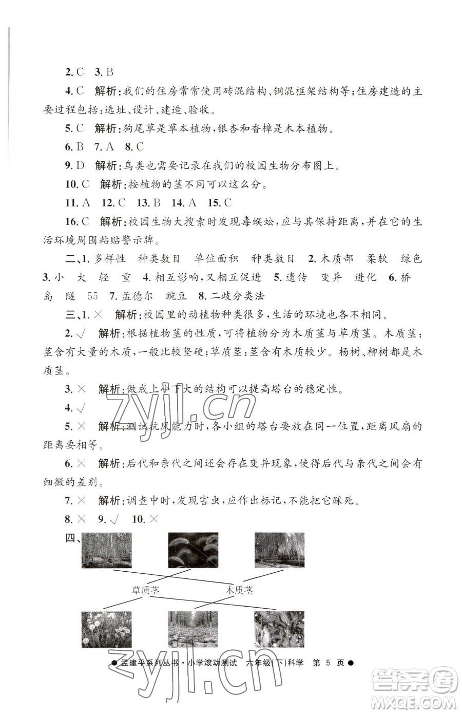 浙江工商大學(xué)出版社2023孟建平小學(xué)滾動(dòng)測試六年級(jí)下冊科學(xué)教科版參考答案