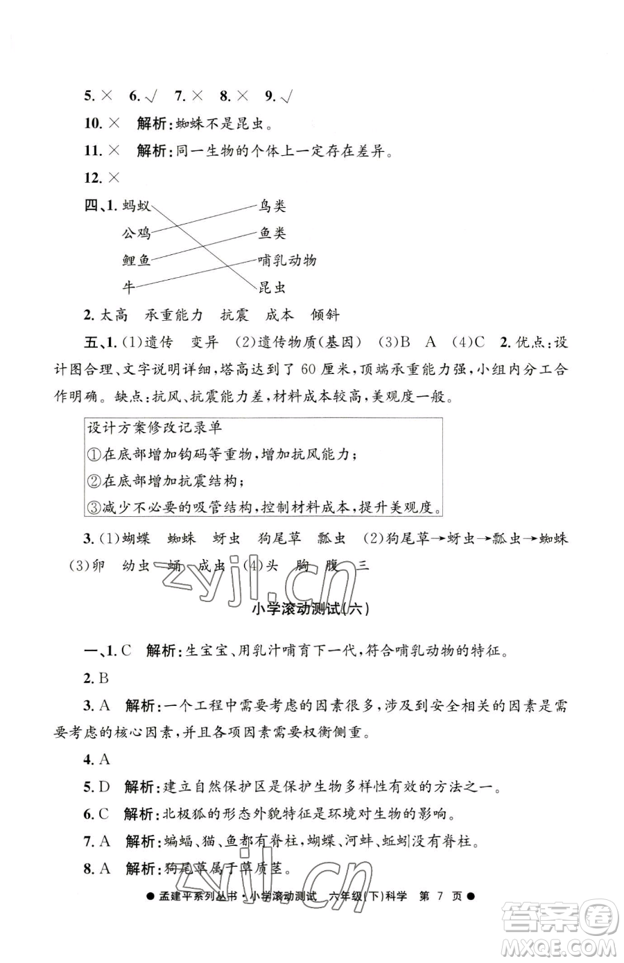 浙江工商大學(xué)出版社2023孟建平小學(xué)滾動(dòng)測試六年級(jí)下冊科學(xué)教科版參考答案