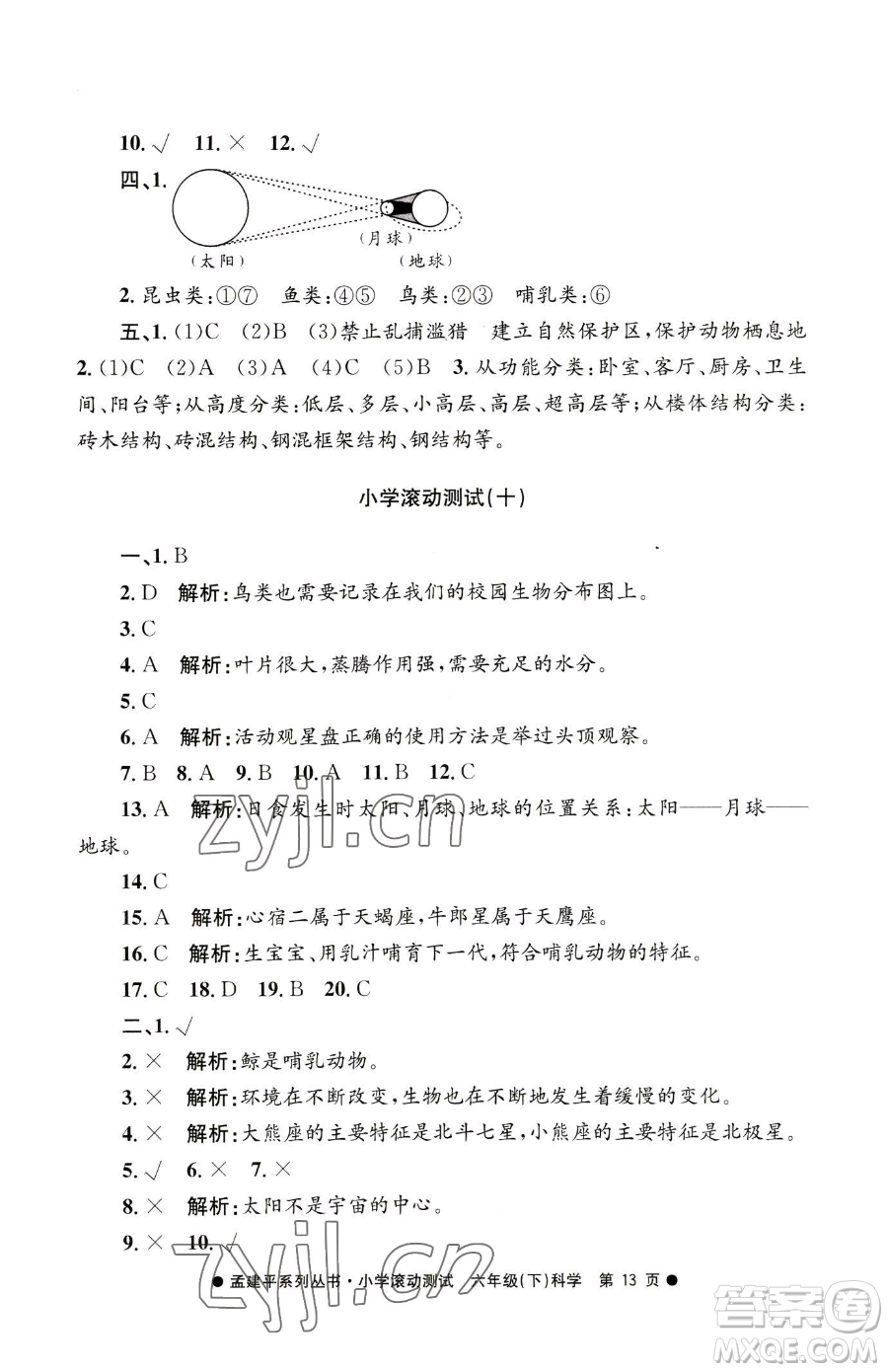 浙江工商大學(xué)出版社2023孟建平小學(xué)滾動(dòng)測試六年級(jí)下冊科學(xué)教科版參考答案