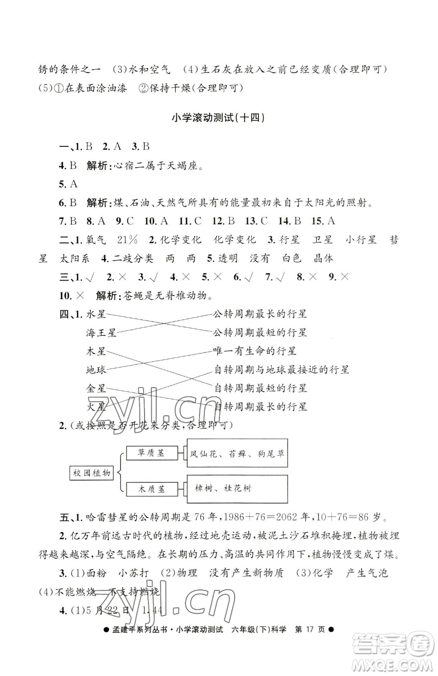 浙江工商大學(xué)出版社2023孟建平小學(xué)滾動(dòng)測試六年級(jí)下冊科學(xué)教科版參考答案