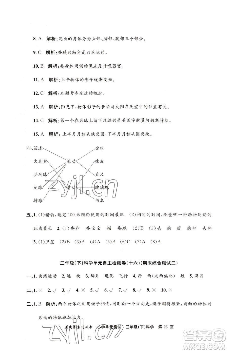 浙江工商大學(xué)出版社2023孟建平小學(xué)單元測(cè)試三年級(jí)下冊(cè)科學(xué)教科版參考答案