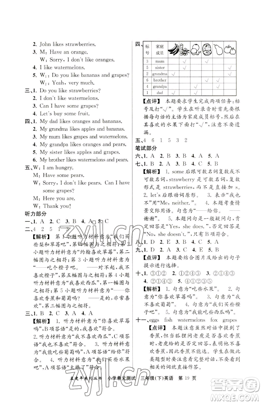 浙江工商大學(xué)出版社2023孟建平小學(xué)單元測(cè)試三年級(jí)下冊(cè)英語(yǔ)人教版參考答案