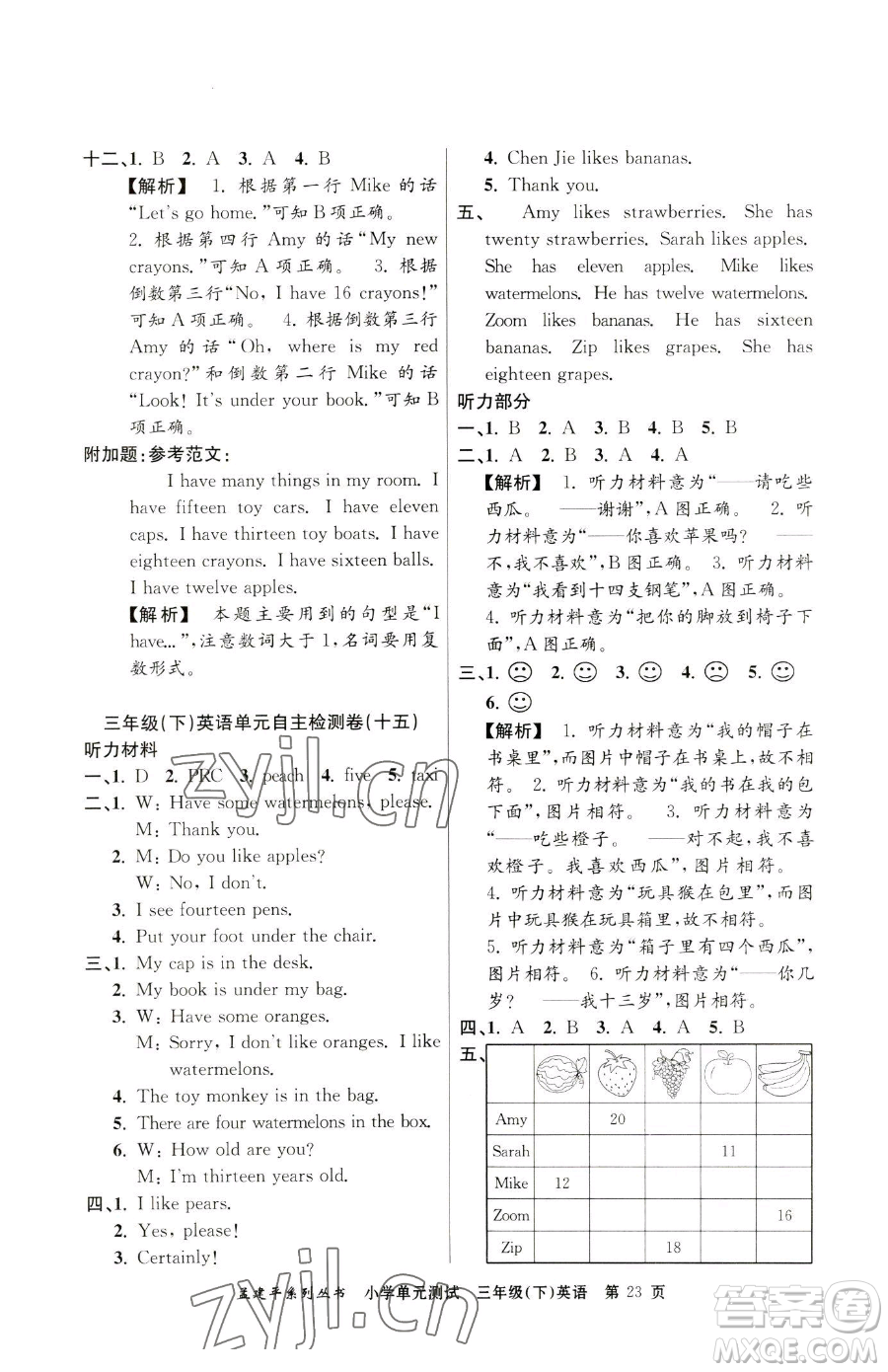 浙江工商大學(xué)出版社2023孟建平小學(xué)單元測(cè)試三年級(jí)下冊(cè)英語(yǔ)人教版參考答案