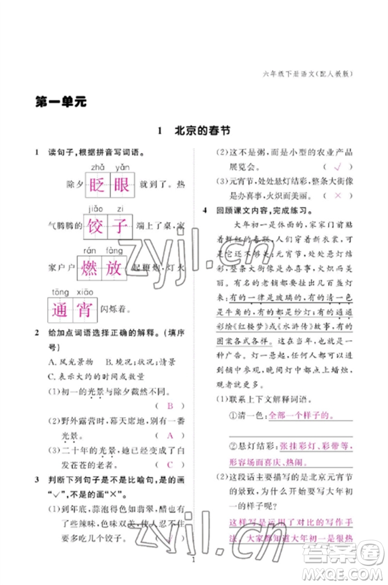 江西教育出版社2023年芝麻開花課堂作業(yè)本六年級語文下冊人教版參考答案