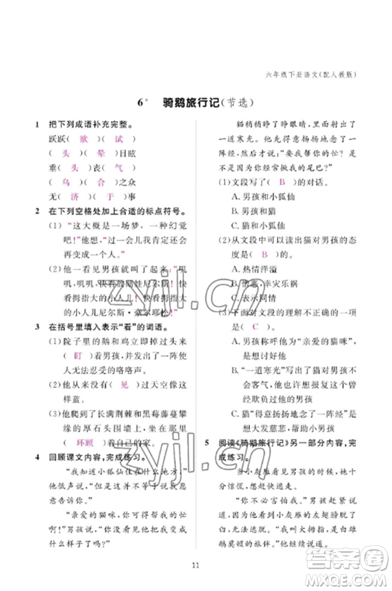 江西教育出版社2023年芝麻開花課堂作業(yè)本六年級語文下冊人教版參考答案