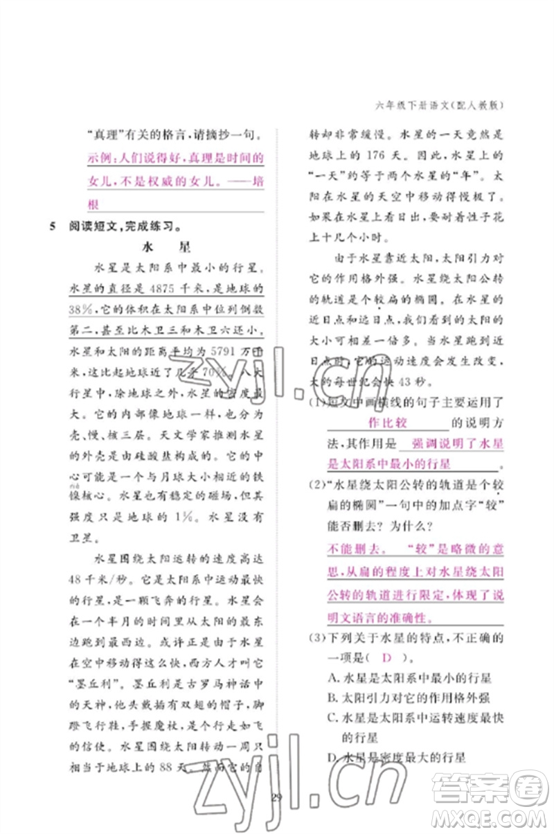 江西教育出版社2023年芝麻開花課堂作業(yè)本六年級語文下冊人教版參考答案