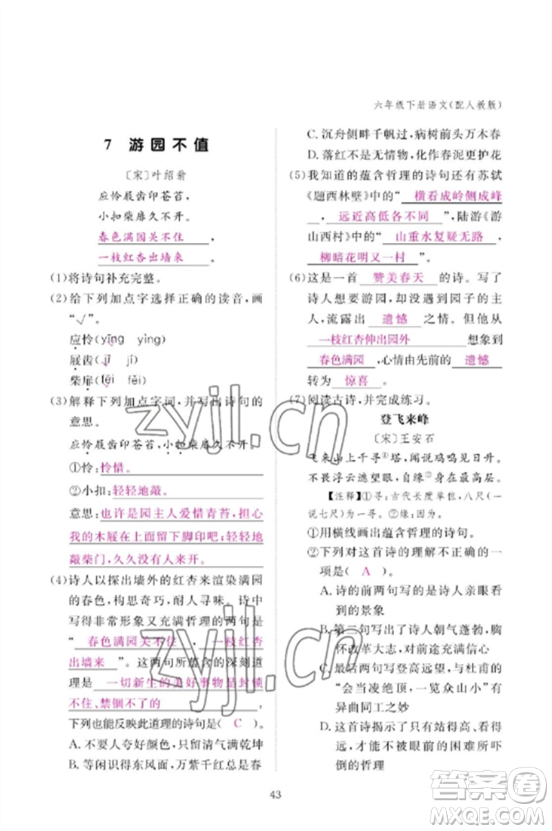 江西教育出版社2023年芝麻開花課堂作業(yè)本六年級語文下冊人教版參考答案