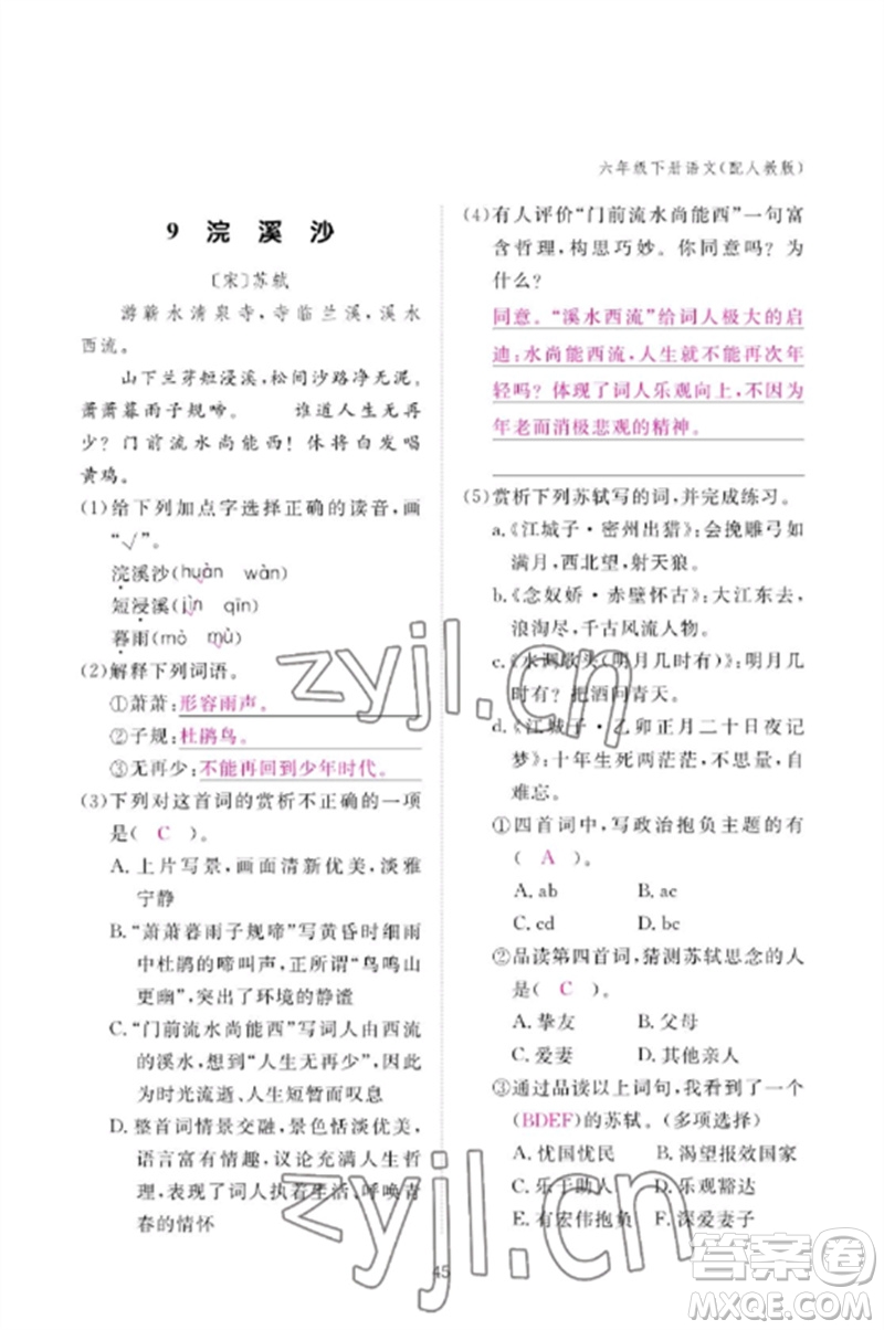 江西教育出版社2023年芝麻開花課堂作業(yè)本六年級語文下冊人教版參考答案