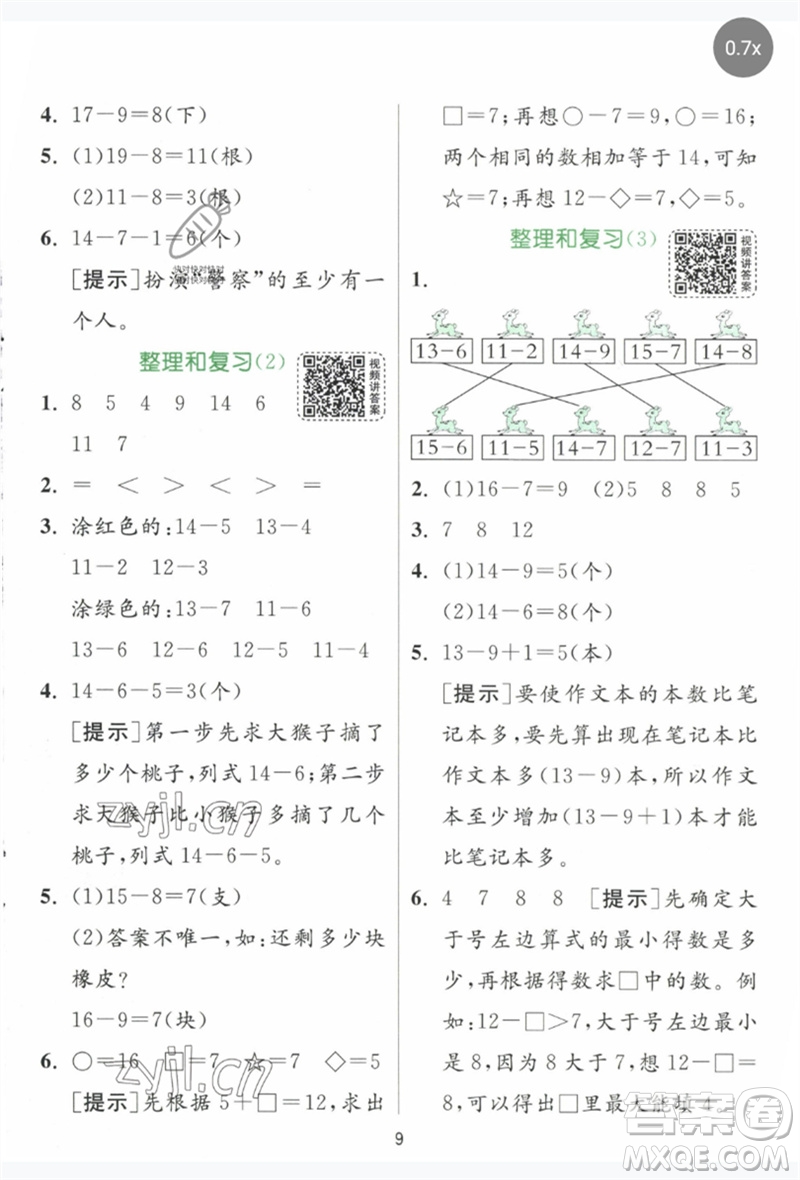 江蘇人民出版社2023實(shí)驗(yàn)班提優(yōu)訓(xùn)練一年級數(shù)學(xué)下冊人教版參考答案