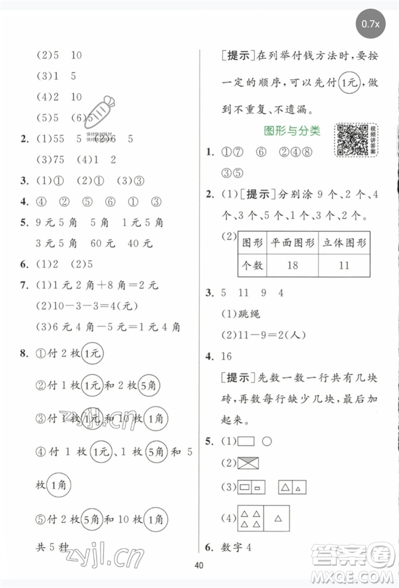 江蘇人民出版社2023實(shí)驗(yàn)班提優(yōu)訓(xùn)練一年級數(shù)學(xué)下冊人教版參考答案