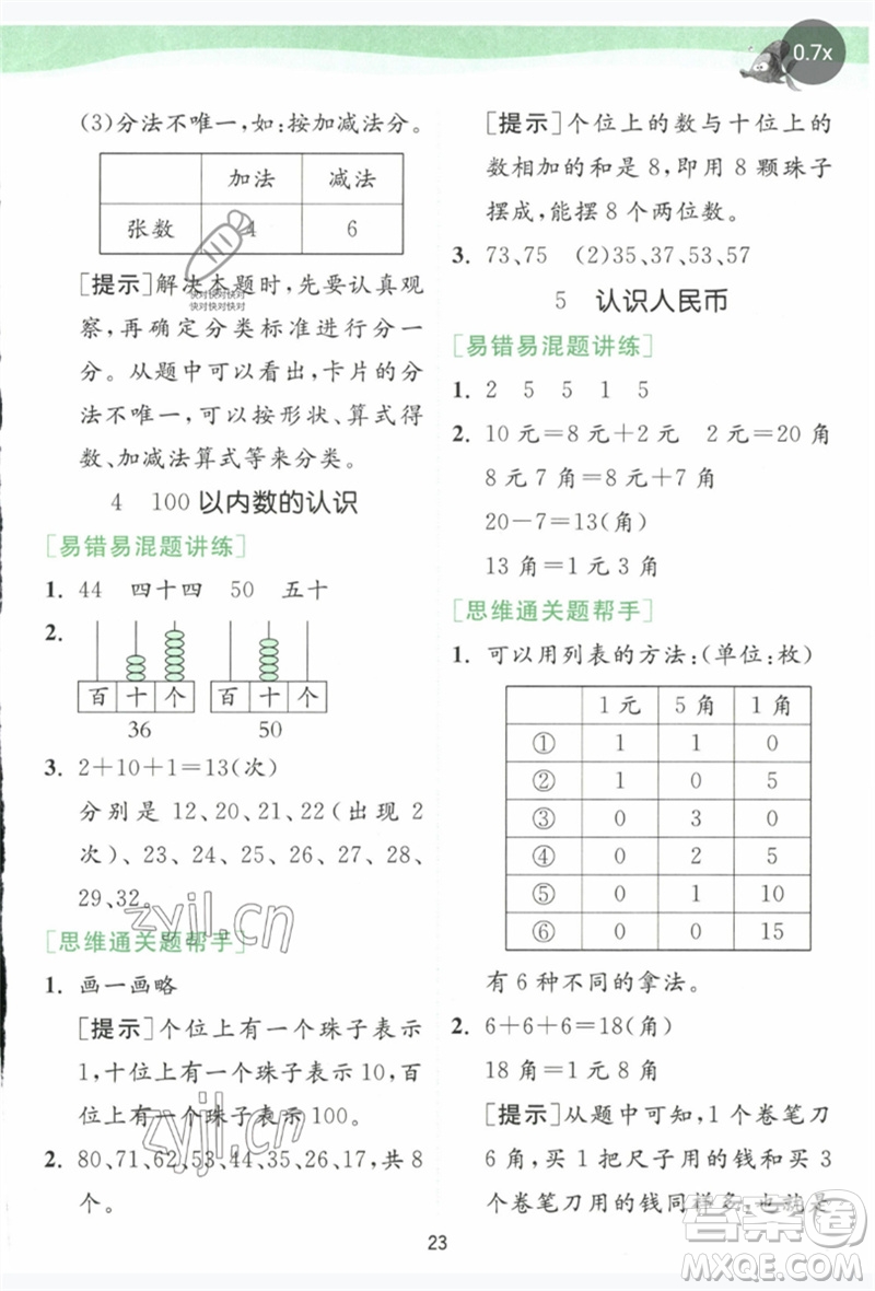 江蘇人民出版社2023實(shí)驗(yàn)班提優(yōu)訓(xùn)練一年級數(shù)學(xué)下冊人教版參考答案