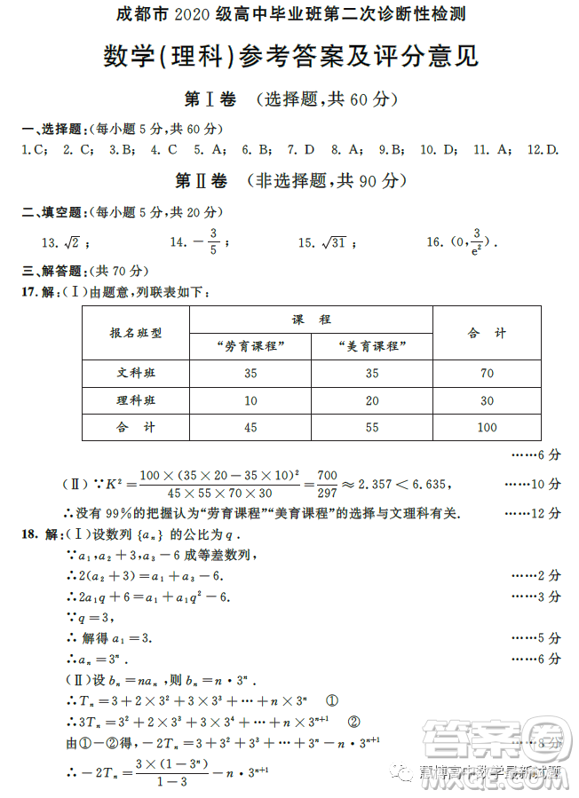 成都市2020級高中畢業(yè)班第二次診斷性檢測數(shù)學(xué)理科試卷答案