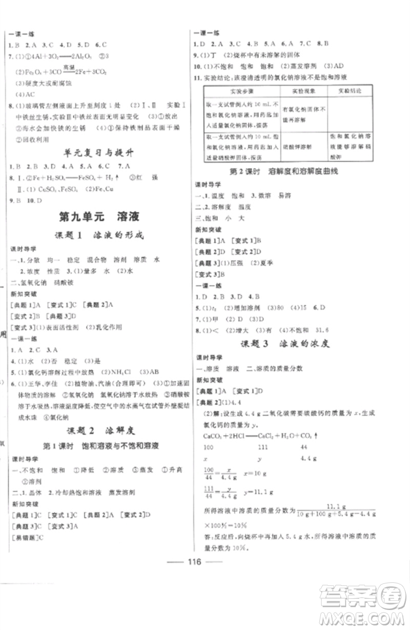 河北少年兒童出版社2023奪冠百分百新導(dǎo)學(xué)課時練九年級化學(xué)下冊人教版參考答案