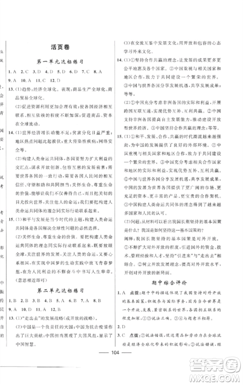 河北少年兒童出版社2023奪冠百分百新導學課時練九年級道德與法治下冊人教版參考答案