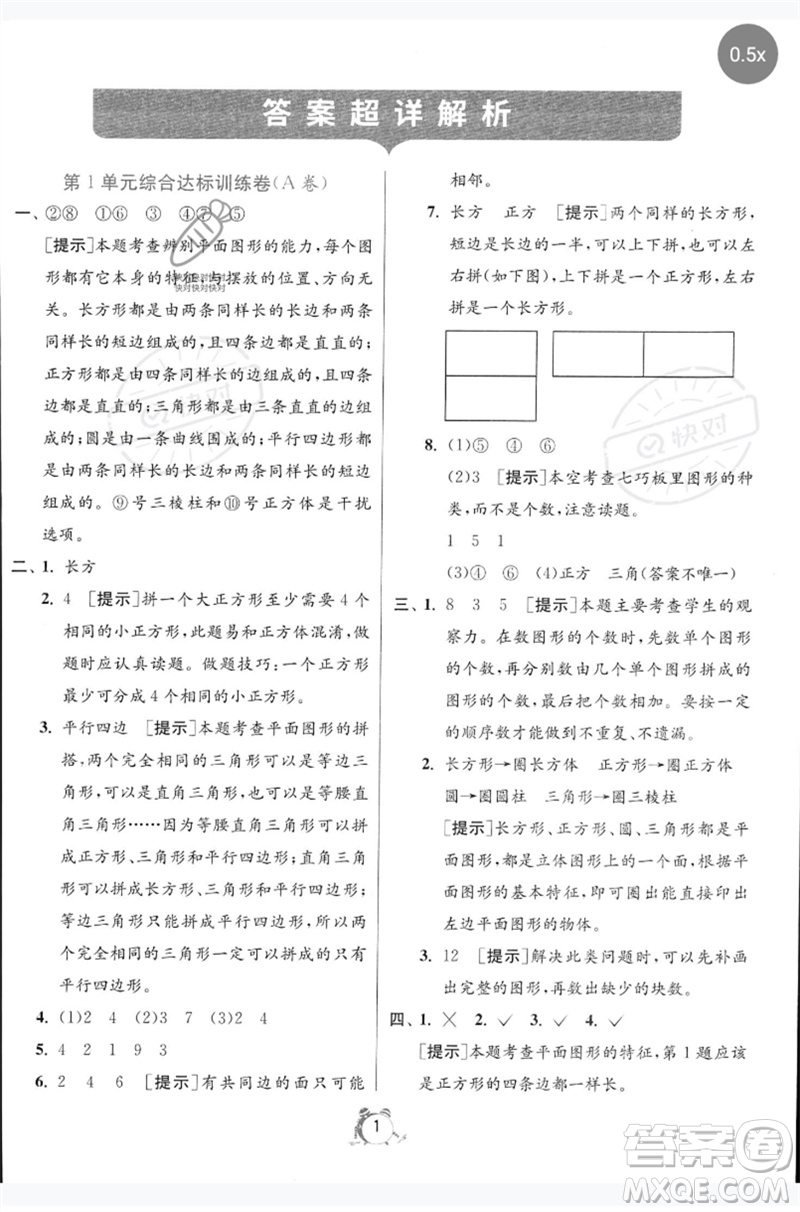 江蘇人民出版社2023春?jiǎn)卧p測(cè)全優(yōu)測(cè)評(píng)卷一年級(jí)數(shù)學(xué)下冊(cè)人教版參考答案