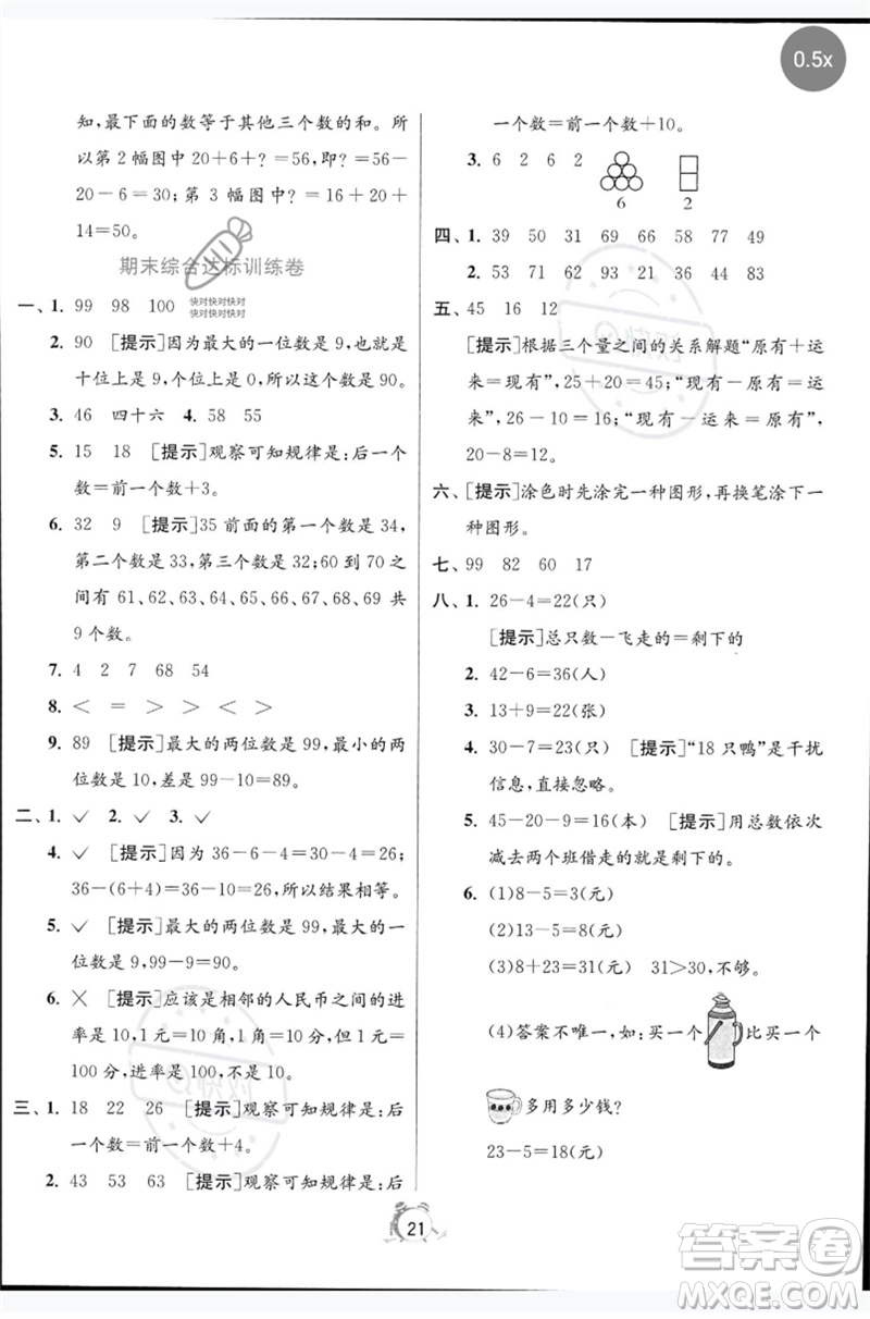 江蘇人民出版社2023春?jiǎn)卧p測(cè)全優(yōu)測(cè)評(píng)卷一年級(jí)數(shù)學(xué)下冊(cè)人教版參考答案