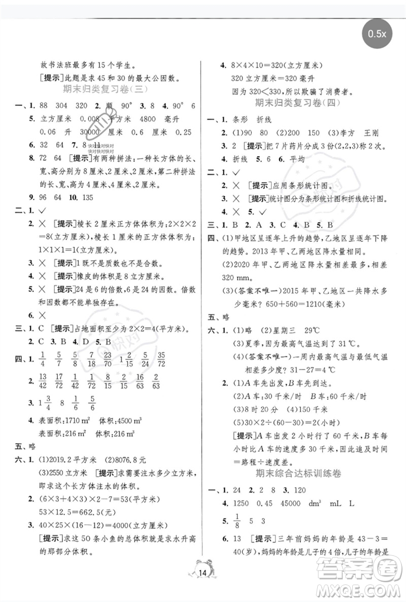 江蘇人民出版社2023春單元雙測全優(yōu)測評卷五年級數(shù)學下冊人教版參考答案