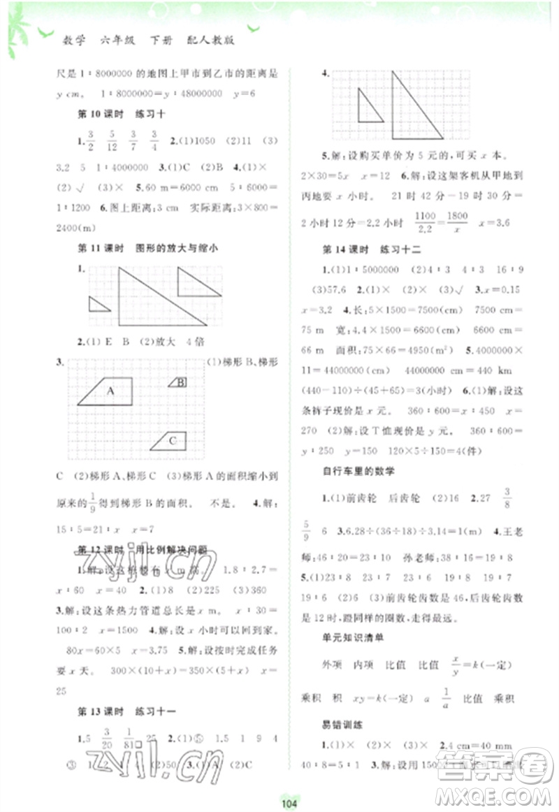 廣西師范大學(xué)出版社2023新課程學(xué)習(xí)與測(cè)評(píng)同步學(xué)習(xí)六年級(jí)數(shù)學(xué)下冊(cè)人教版參考答案