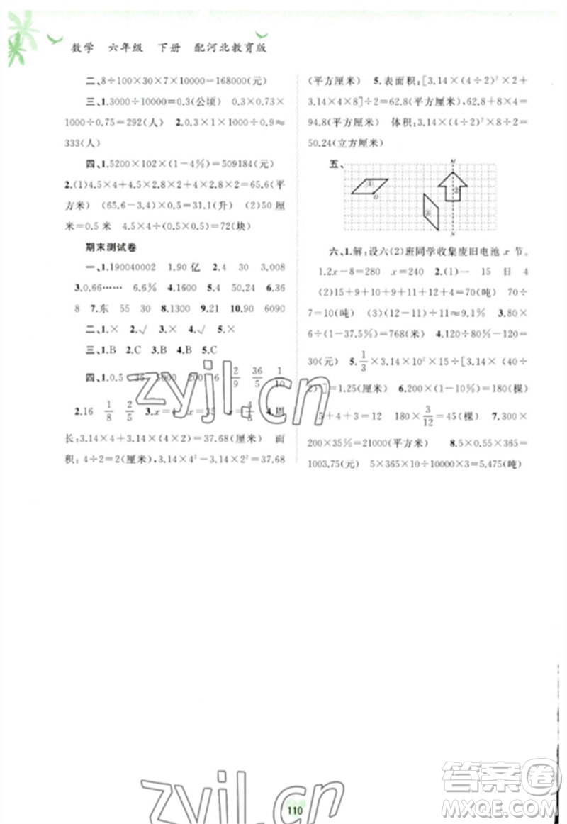 廣西師范大學(xué)出版社2023新課程學(xué)習(xí)與測評同步學(xué)習(xí)六年級數(shù)學(xué)下冊河北教育版參考答案