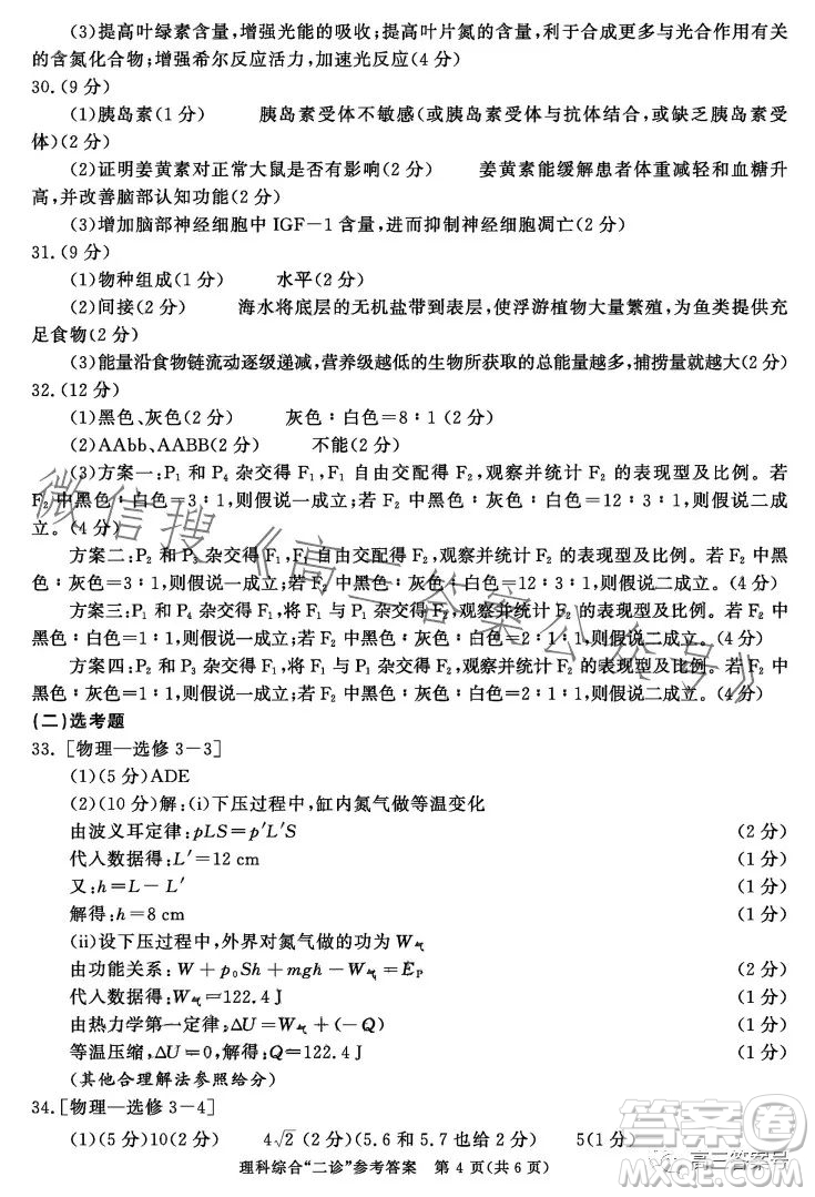 成都市2020級高中畢業(yè)班第二次診斷性檢測理科綜合試卷答案