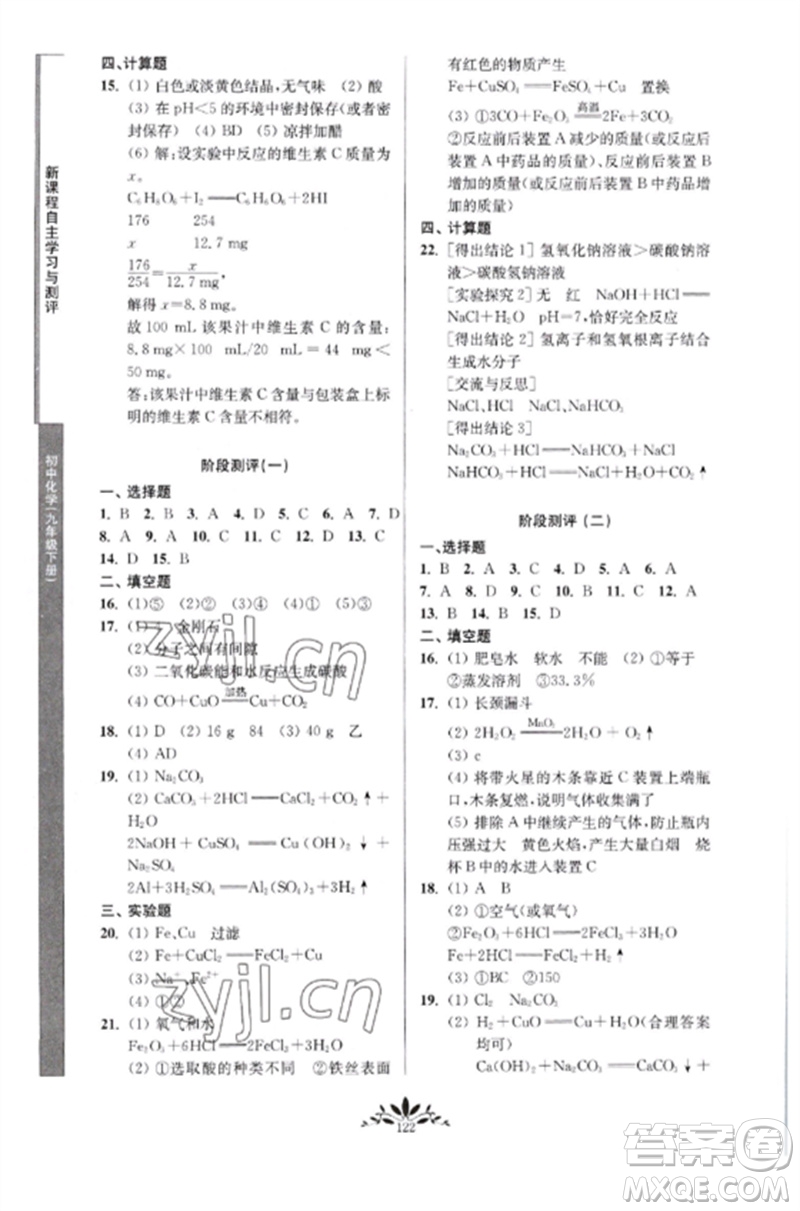 南京師范大學(xué)出版社2023新課程自主學(xué)習(xí)與測(cè)評(píng)九年級(jí)化學(xué)下冊(cè)人教版參考答案