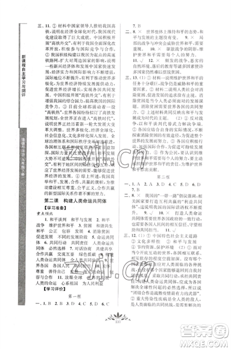 南京師范大學(xué)出版社2023新課程自主學(xué)習(xí)與測評九年級道德與法治下冊人教版參考答案