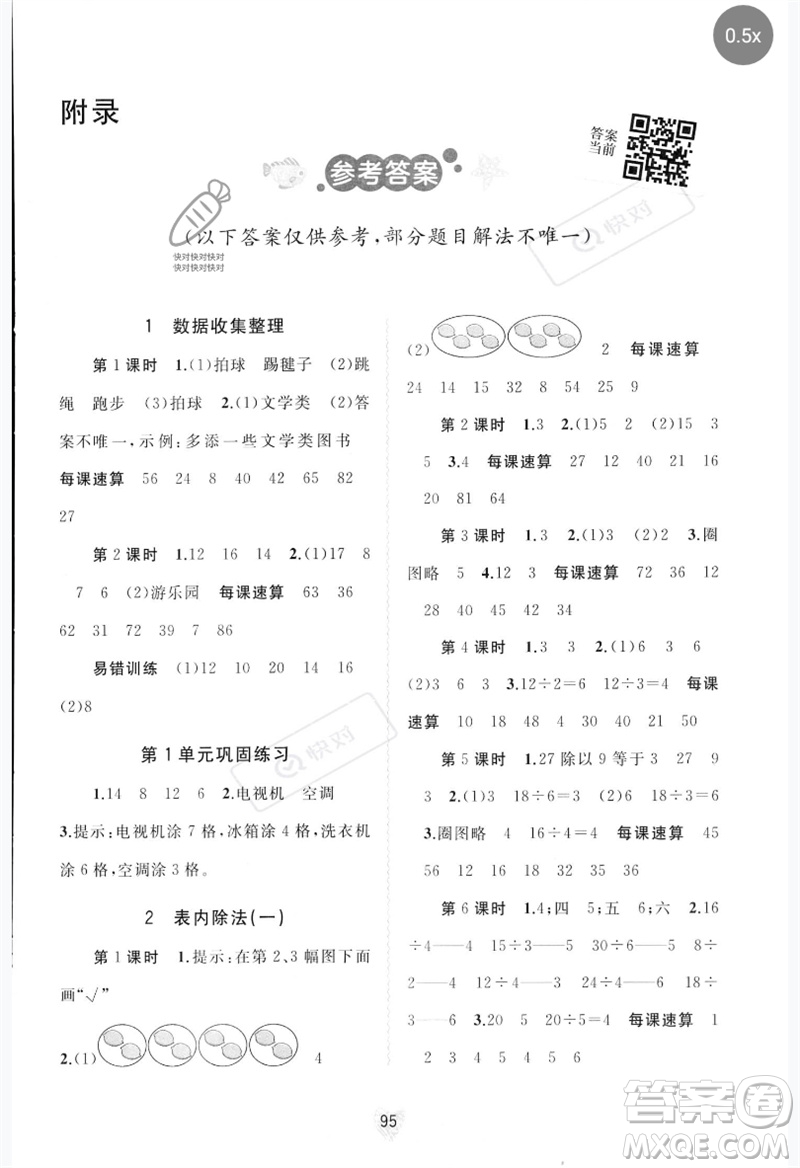 廣西師范大學(xué)出版社2023新課程學(xué)習(xí)與測(cè)評(píng)同步學(xué)習(xí)二年級(jí)數(shù)學(xué)下冊(cè)人教版參考答案