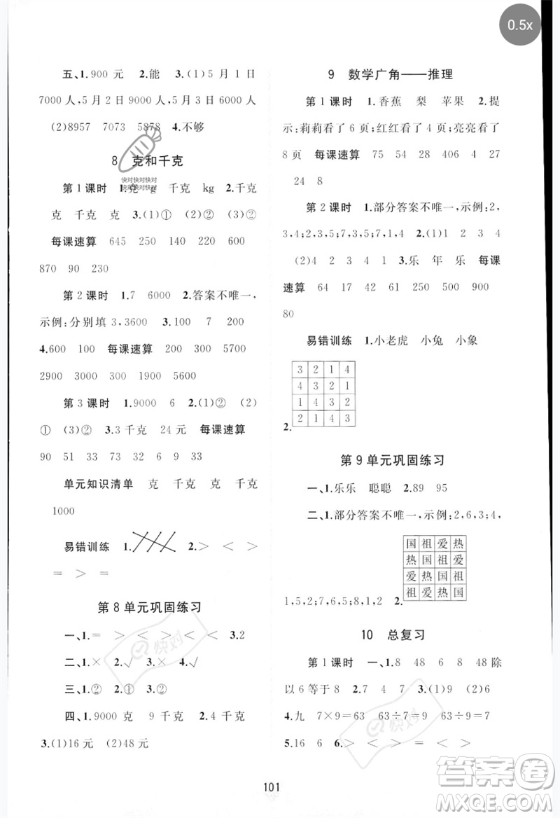 廣西師范大學(xué)出版社2023新課程學(xué)習(xí)與測(cè)評(píng)同步學(xué)習(xí)二年級(jí)數(shù)學(xué)下冊(cè)人教版參考答案