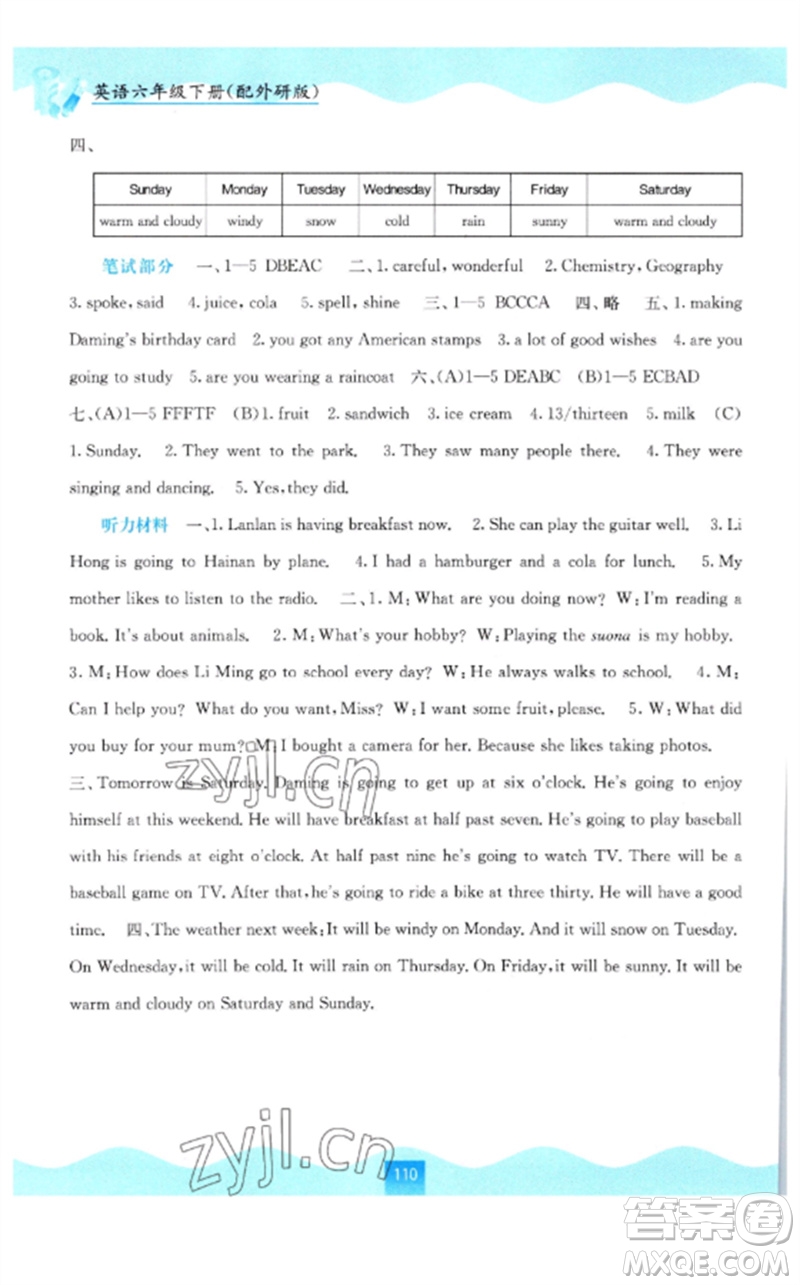 廣西教育出版社2023自主學(xué)習(xí)能力測評六年級英語下冊外研版參考答案