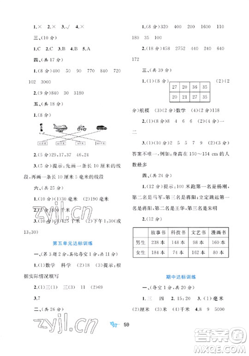 廣西師范大學出版社2023新課程學習與測評單元雙測三年級數(shù)學下冊冀教版C版參考答案