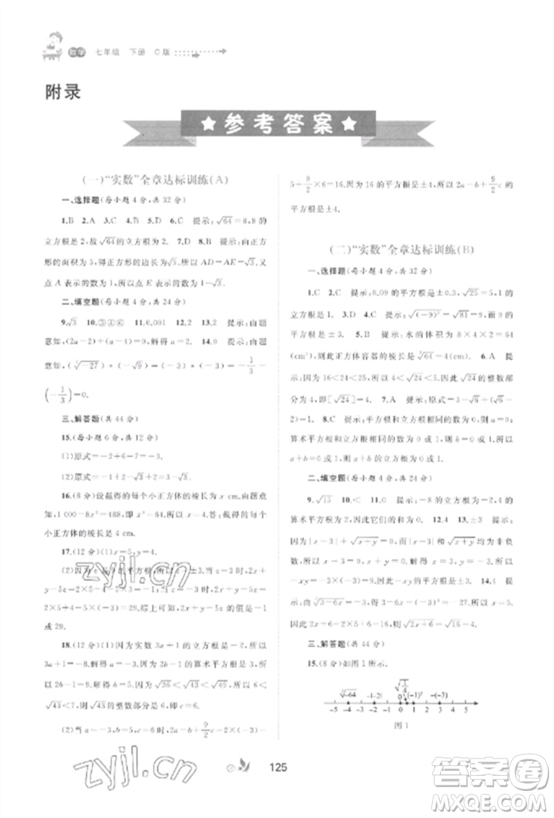 廣西師范大學出版社2023新課程學習與測評單元雙測七年級數(shù)學下冊滬科版C版參考答案