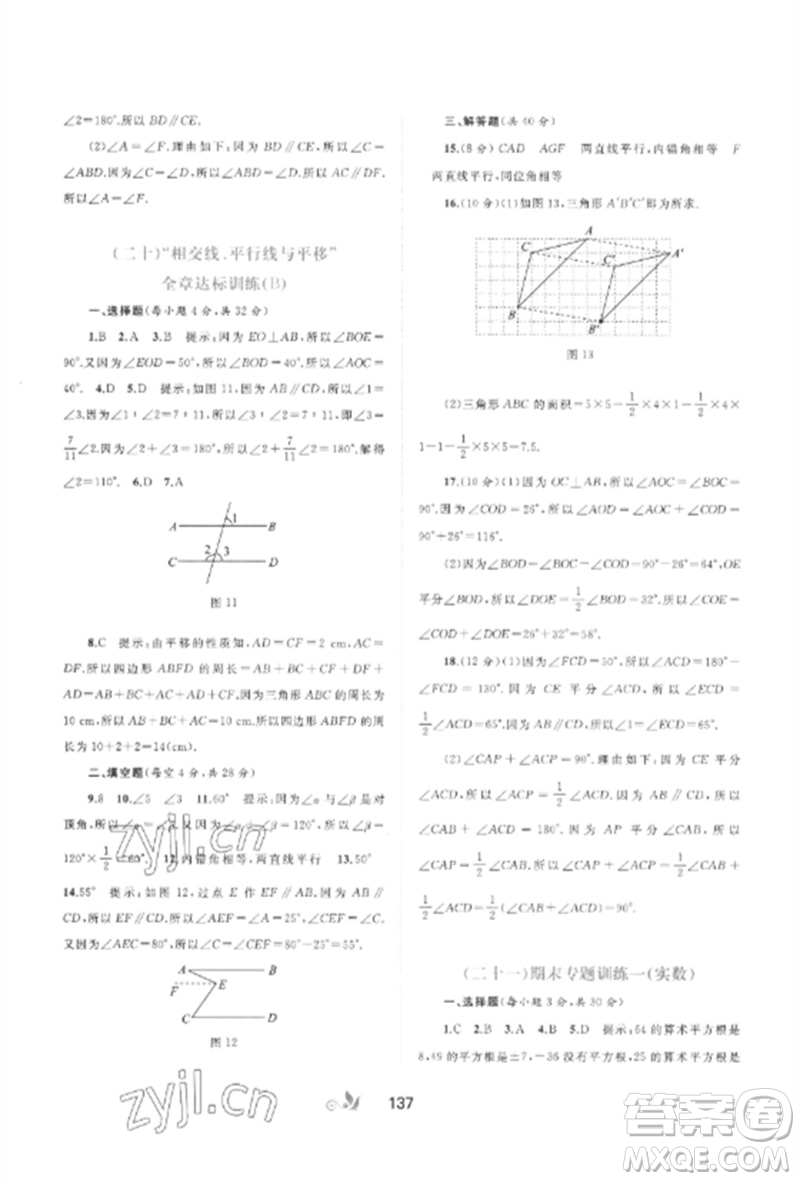 廣西師范大學出版社2023新課程學習與測評單元雙測七年級數(shù)學下冊滬科版C版參考答案