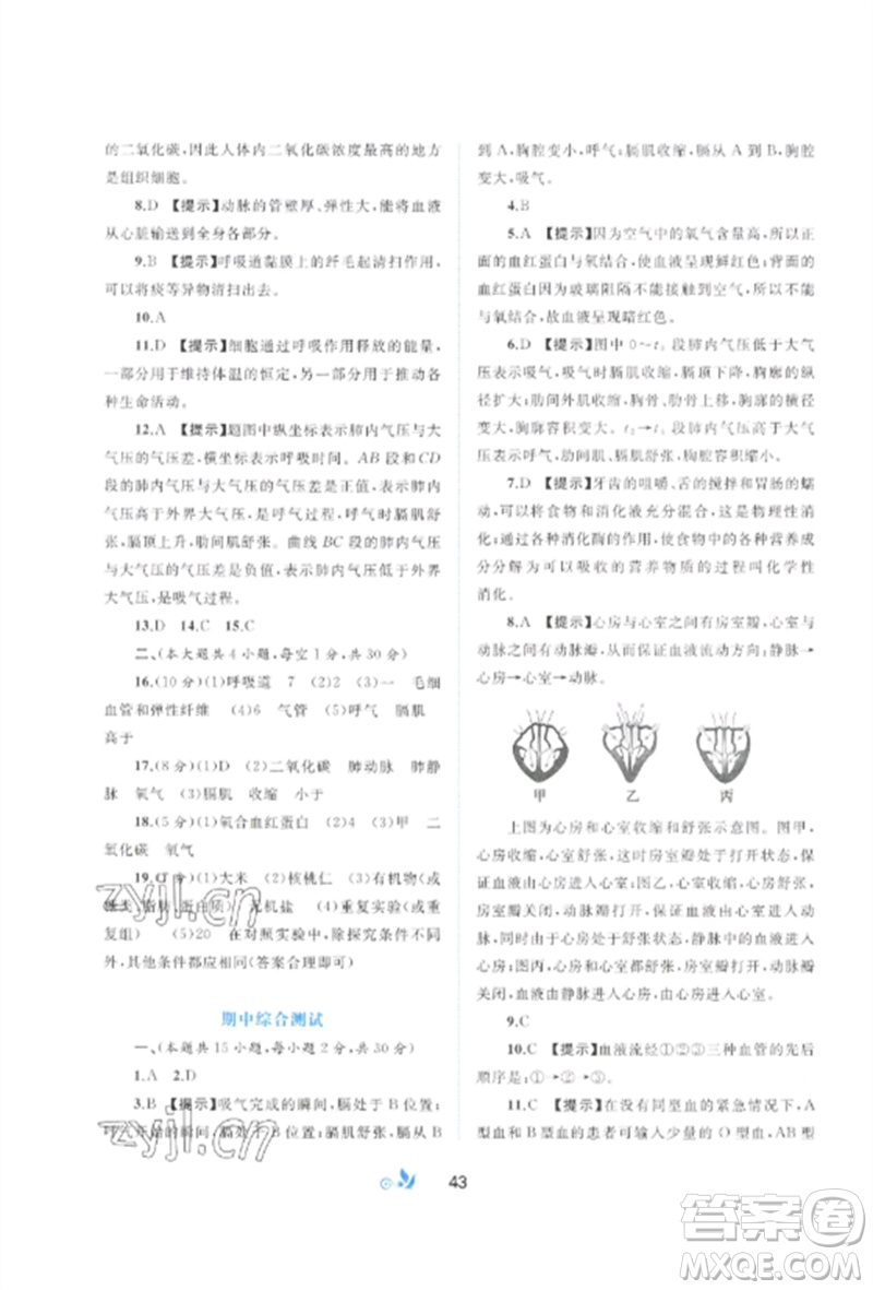 廣西師范大學(xué)出版社2023新課程學(xué)習(xí)與測評單元雙測七年級生物下冊北師大版B版參考答案