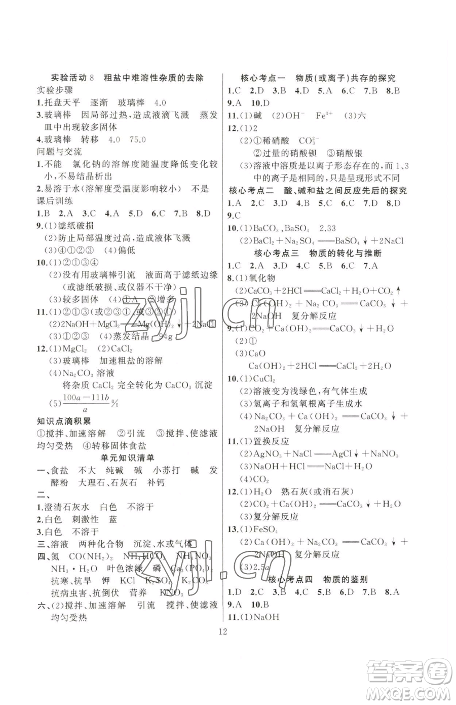 延邊大學(xué)出版社2023高手點(diǎn)題九年級(jí)下冊(cè)化學(xué)人教版參考答案