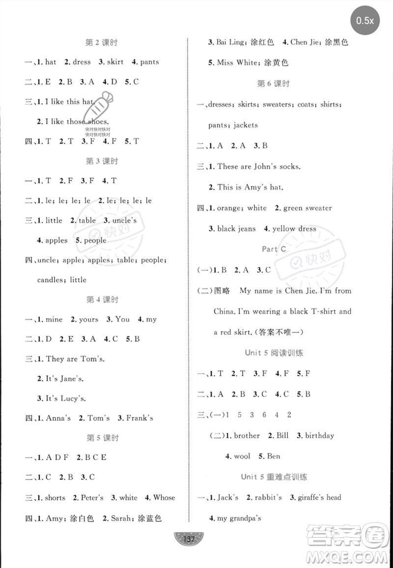 沈陽出版社2023黃岡名師天天練四年級英語下冊人教PEP版參考答案