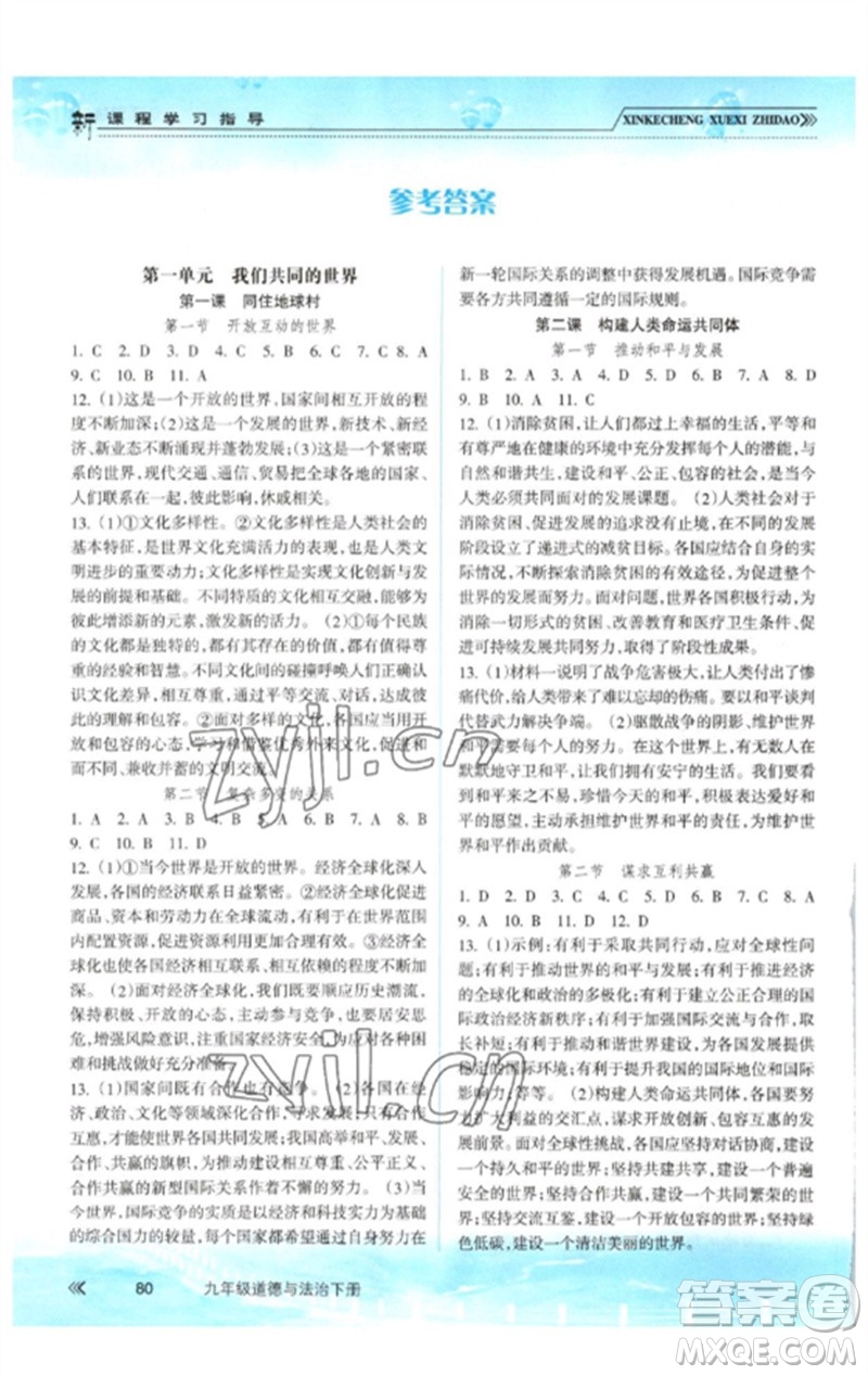 南方出版社2023新課程學(xué)習(xí)指導(dǎo)九年級道德與法治下冊人教版參考答案